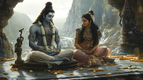 Sacred couple sharing quiet devotion in a mountain temple.