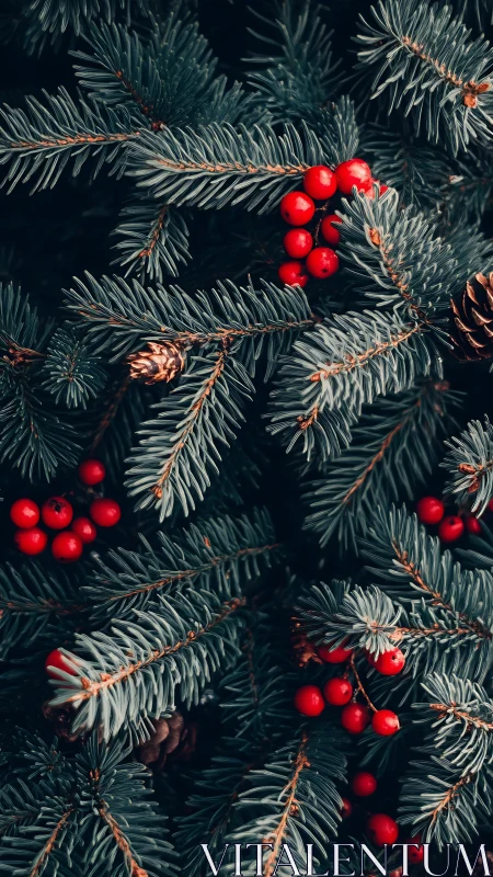 Evergreen fir needles frame saturated red berries with macro depth