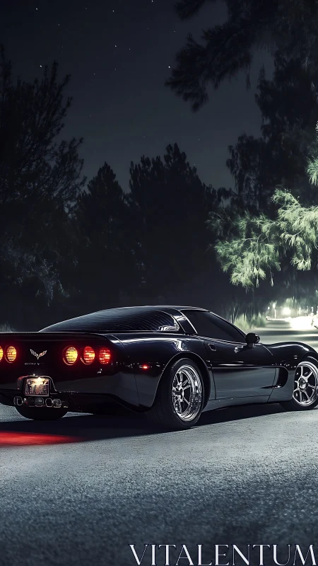 Black sports coupe glows under starlit forest highway night