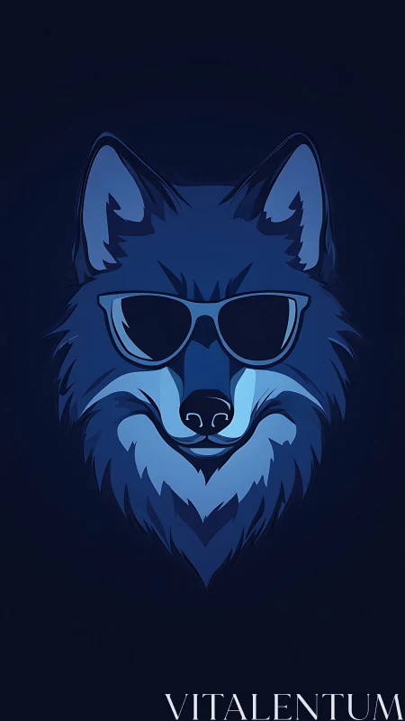 Wolf head wears sunglasses in stylized blue vector illustration