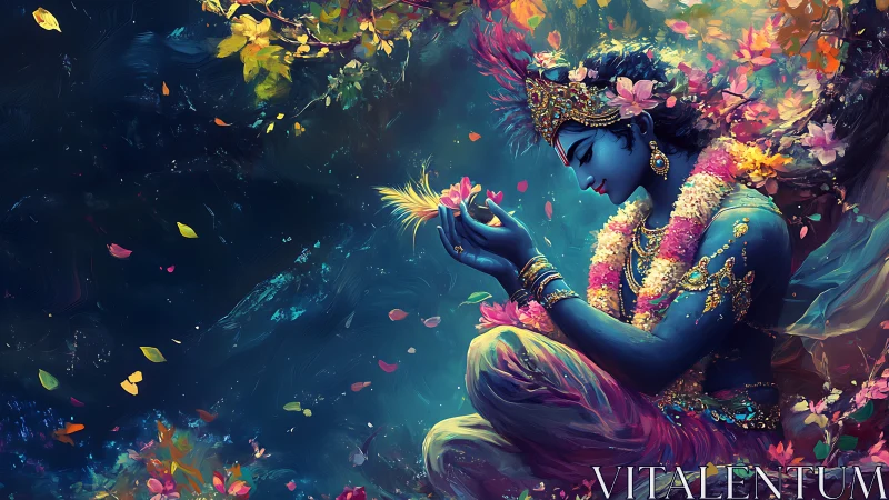 Gentle blue deity in blossoms cradling a glowing feather.
