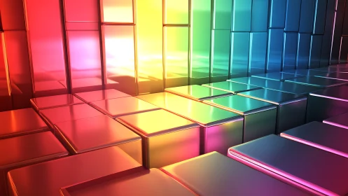 Chromatic cube boulevard glowing in prismatic neon light.