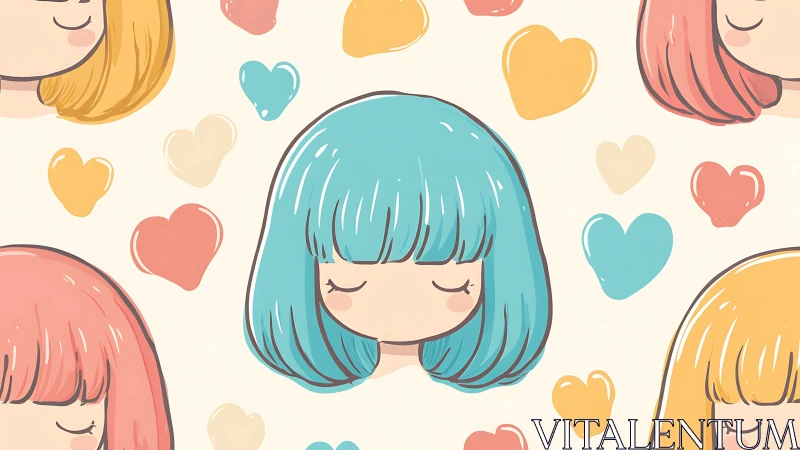 Kawaii seamless pattern with pastel bob hairstyles and hearts