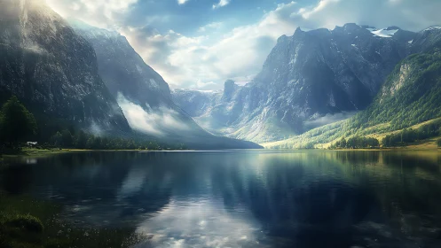 Mountain lake valley with calm water and layered clouds.