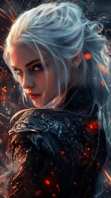 White haired warrior in embers with ornate black armor gaze