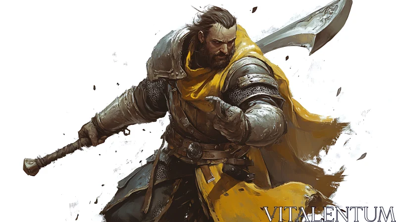 Armored warrior lunges forward with axe in dynamic arc