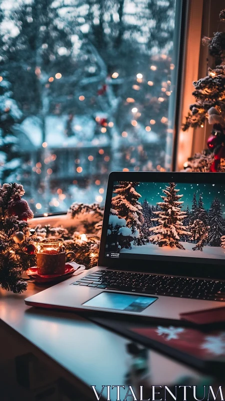 Laptop on winter desk beside candle and Christmas tree.