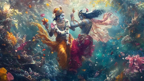 Digital painting of divine dancers in luminous floral cosmos.