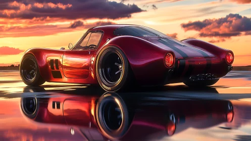 Crimson retro supercar gliding across a mirrorlike sunset track.