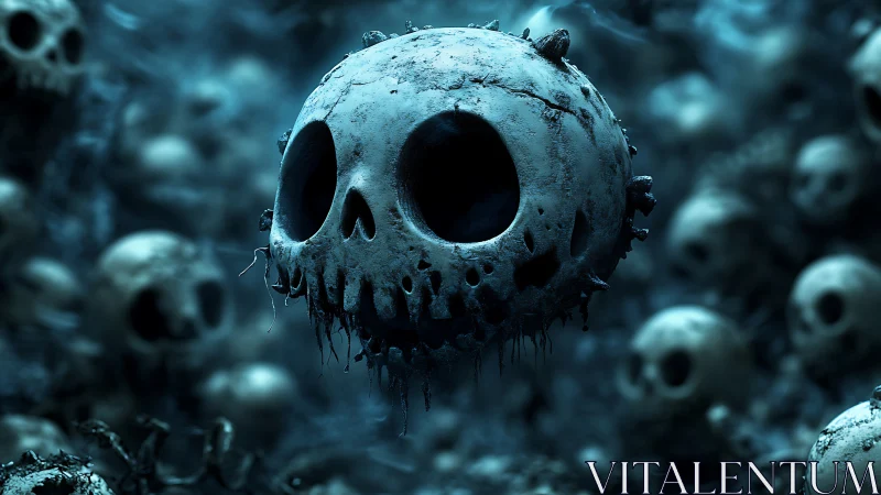 Spherical skull forms suspended in dense blue environment.