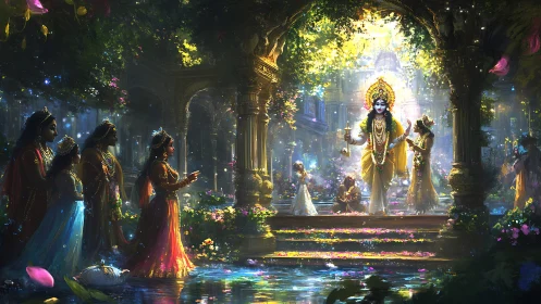 Divine garden procession bathing marble arches in mythic light.