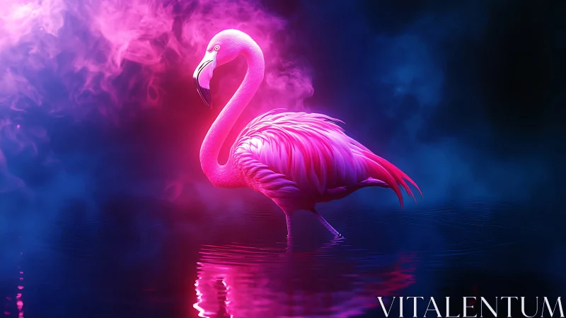 Neon flamingo stands in vaporous magenta and cyan haze