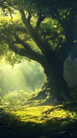 Radiant Ancient Tree Bathed in Golden Forest Light