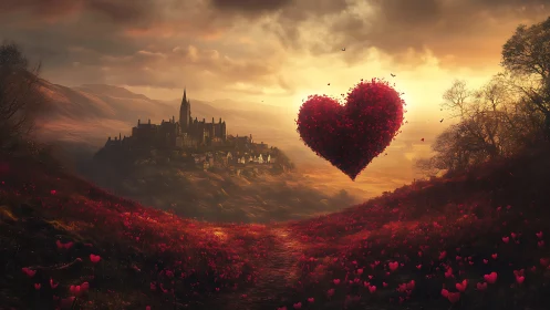 Composite landscape with castle, giant red heart and flower field