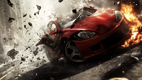 Red sports car impact with explosive shattering debris.