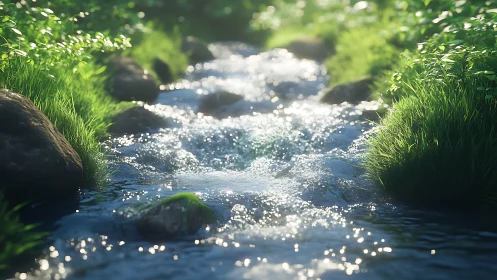 Specular sunlit stream with depth-of-field vegetation rendering.