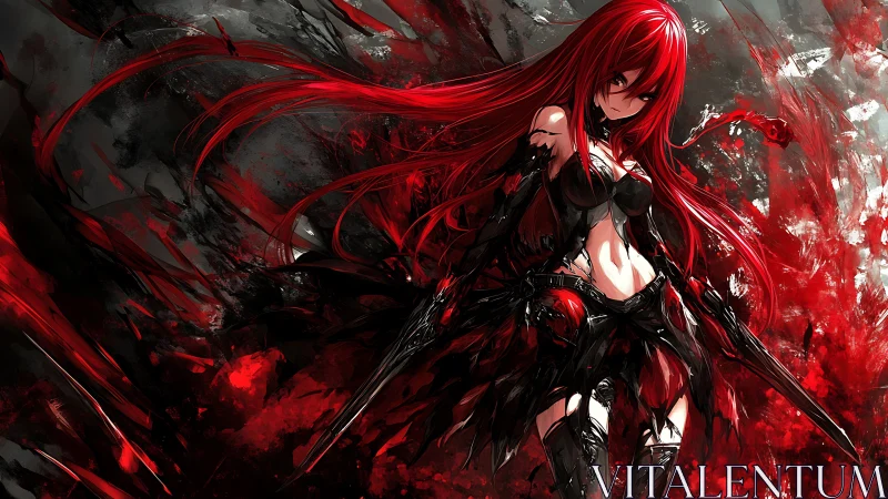 Scarlet-haired anime warrior emerges from chaotic crimson vortex