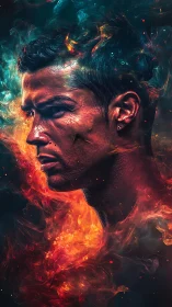 Molten warrior portrait wrapped in nebula fire and cinders.