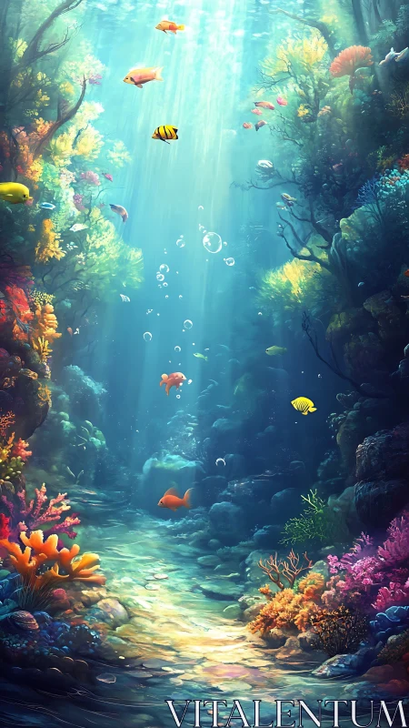 Sunlit coral canyon reveals tranquil tropical reef passage