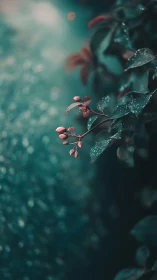 Dewlit crimson buds in teal bokeh garden atmosphere.