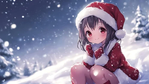 Snowy anime girl in red Santa coat under winter sky.