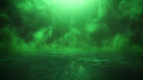 Volumetric green nebula haze above reflective procedural floor