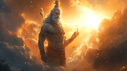 Sunlit sky sage walking through glowing storm clouds.