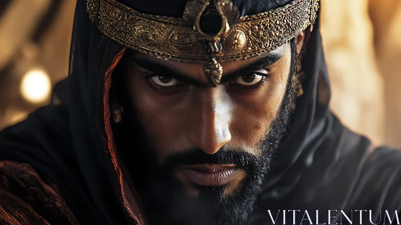 Intense desert monarch in ornate golden battle crown.