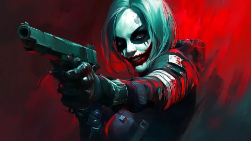 Masked antihero with pistol in neon scarlet vortex.