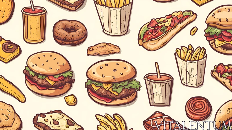 Playful fast food parade with burgers, fries and sweets galore.