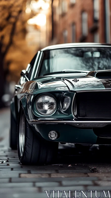 Front close-up of classic green muscle car on city street.