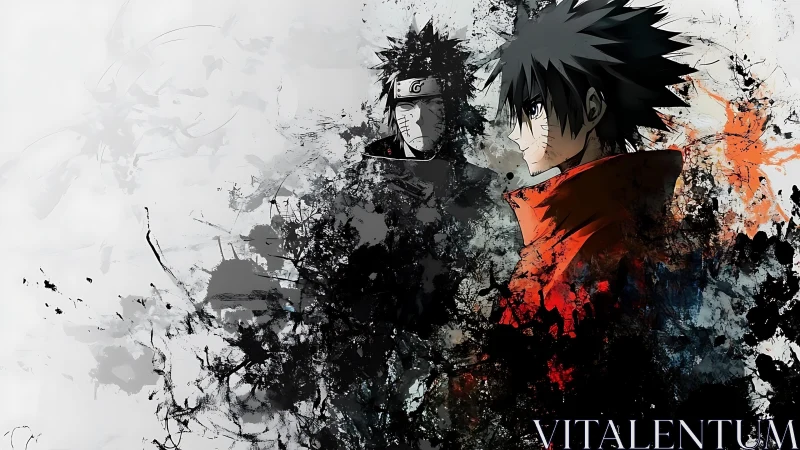 Stoic anime warrior emerges through chaotic ink splashes.