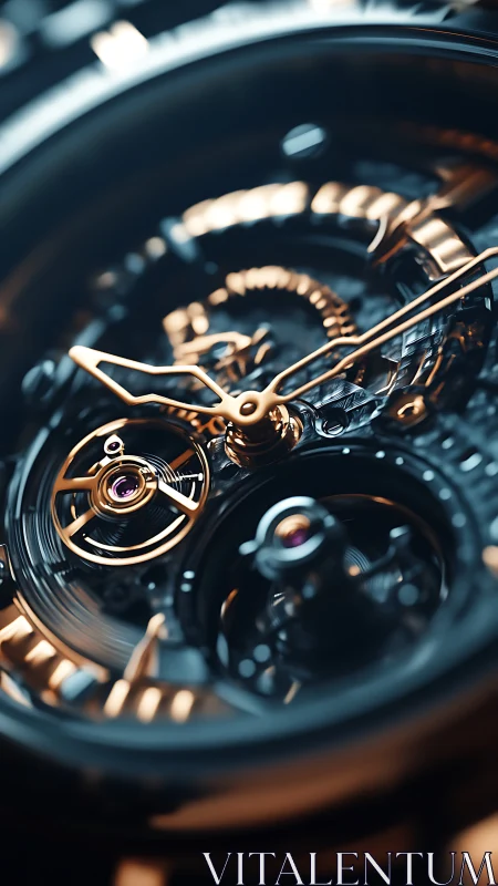 Macro view of luxury skeleton watch movement in motion.