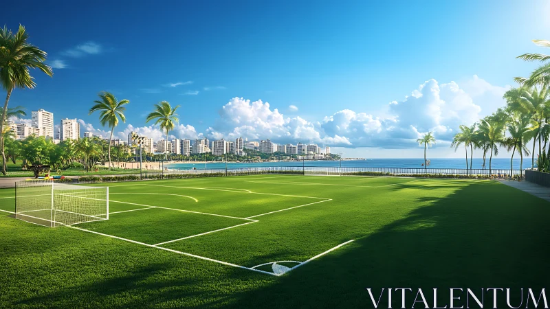 Coastal football pitch with palm-lined skyline and bay panorama.