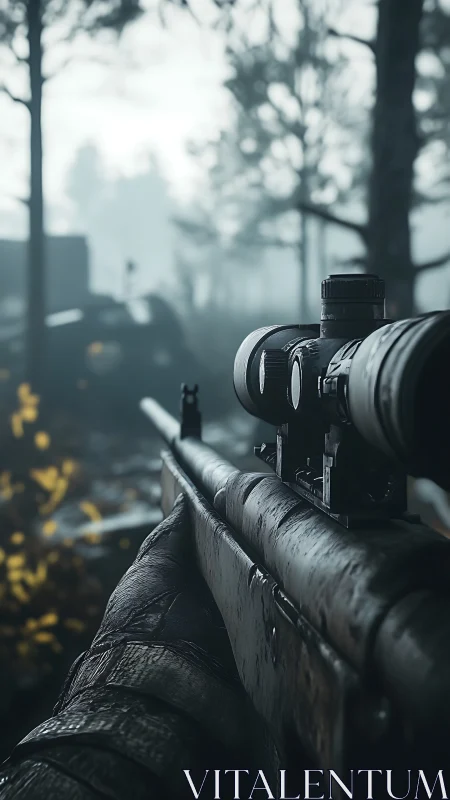 Scoped Rifle Positioned Against Misty Forest Backdrop
