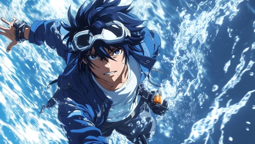 Goggled wave-runner slicing through blue-white surf skies.