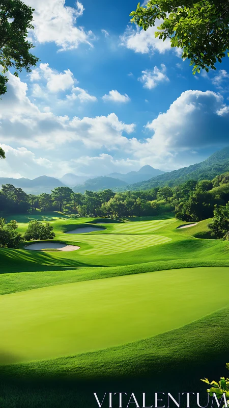 Sunlit championship golf fairway in lush mountain valley