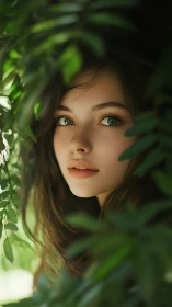 Forest-hued portrait framed by soft cascading foliage.