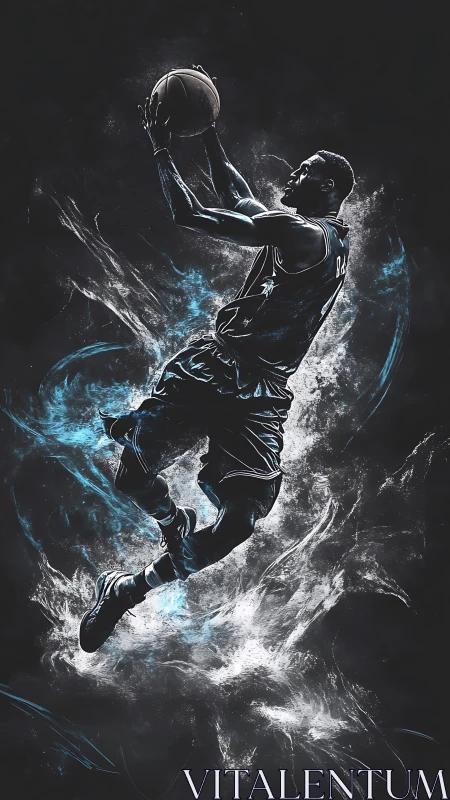 Electric midnight slam: soaring basketball energy burst.