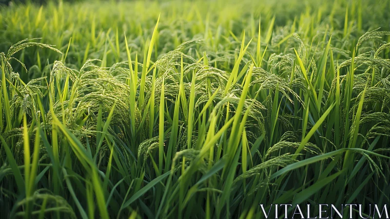 Lush green rice field in soft morning light, natural landscape style.
