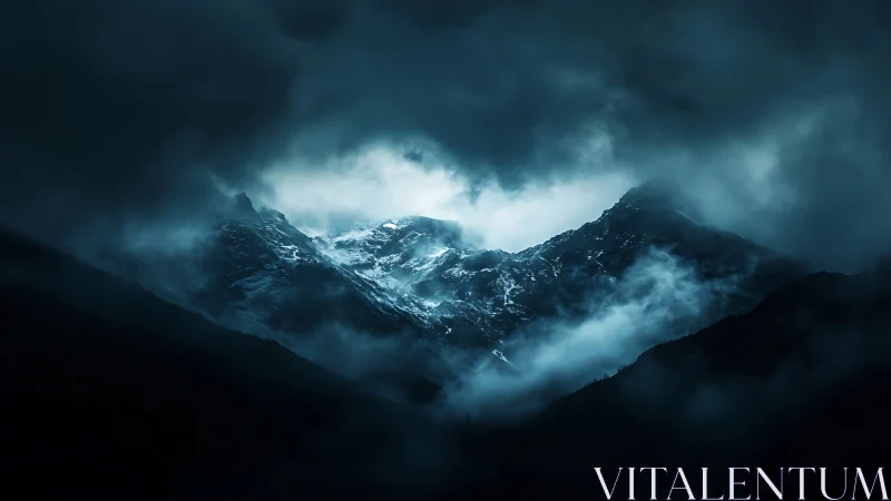 Stormlit mountain peaks glow softly through swirling clouds