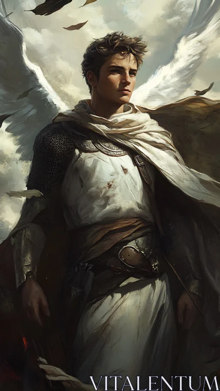 Noble winged guardian standing strong in stormlit skies.