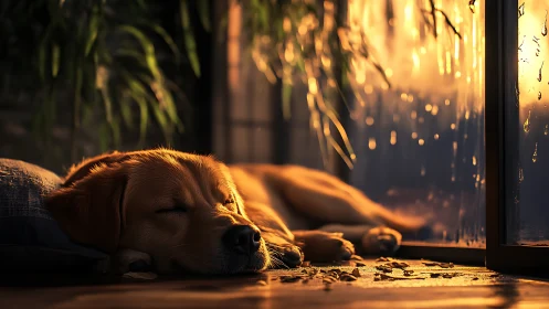 Golden retriever sleeping by rain streaked window at sunset
