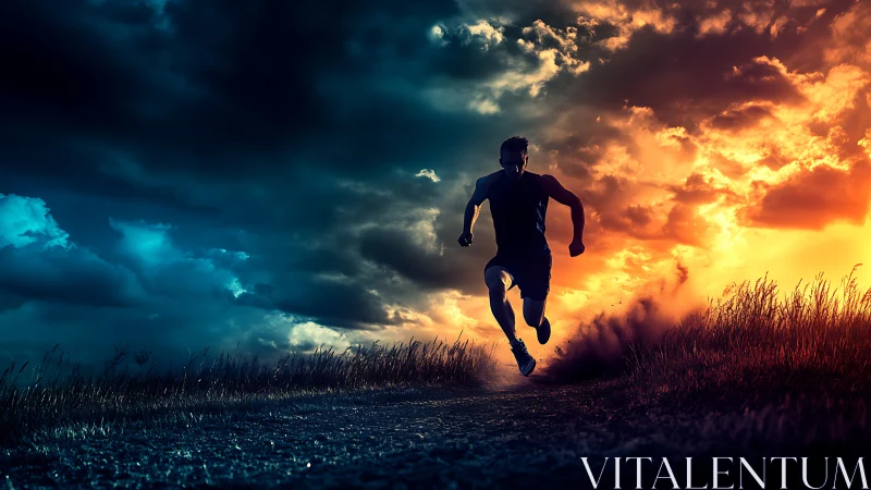 Runner chasing daylight along a stormy glowing horizon.