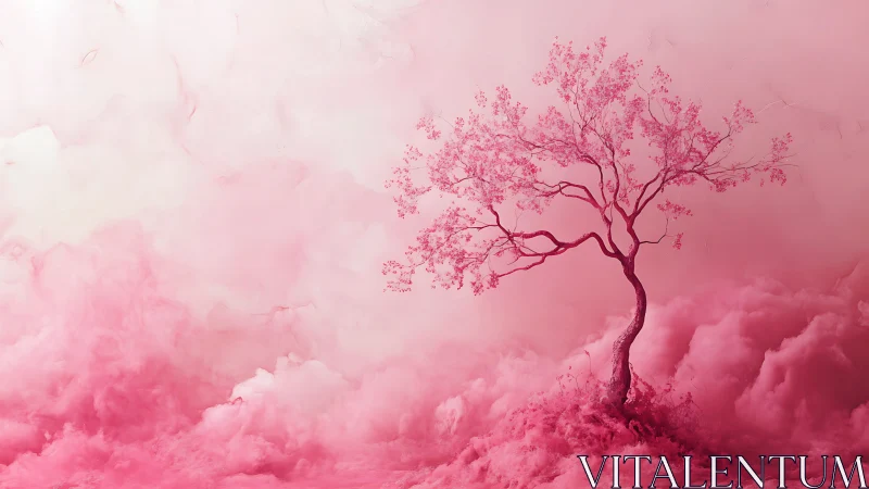 Solitary pink tree rising over soft cloudlike ground.