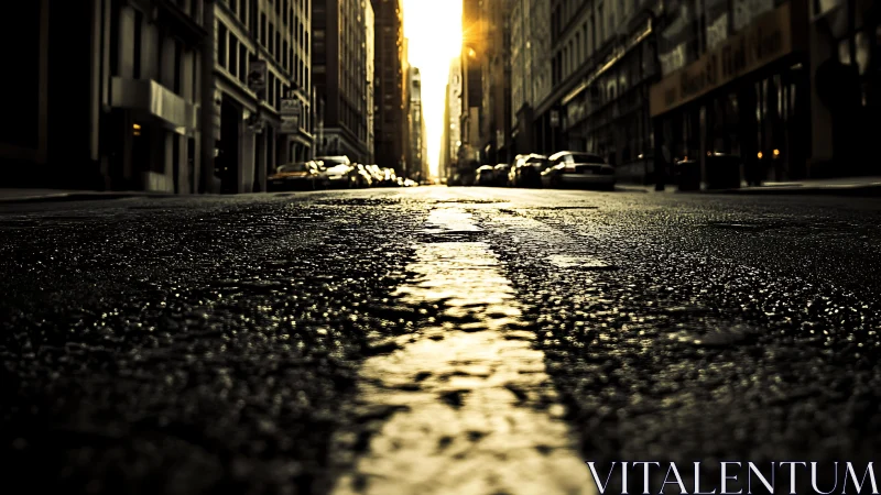 Urban street at sunrise with low angle city perspective.