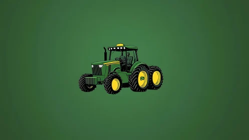 Green dual-axle agricultural tractor on flat chroma field