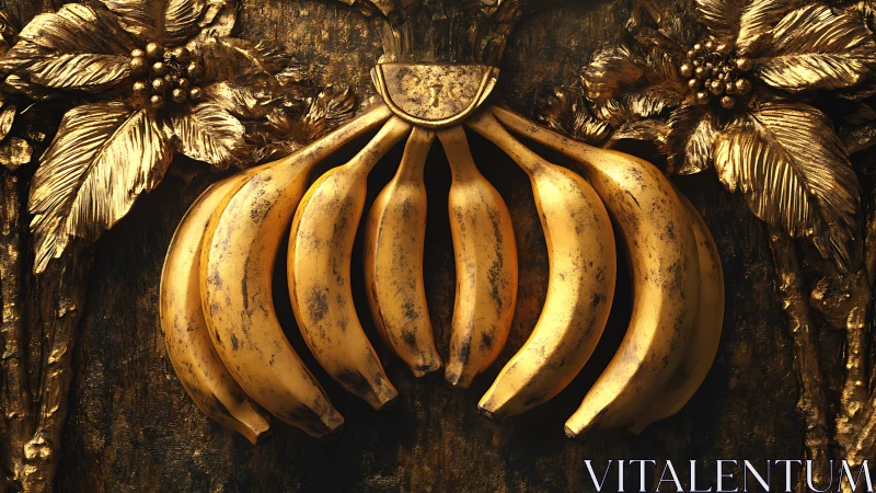 Golden banana bouquet framed in ornate vintage leaves.