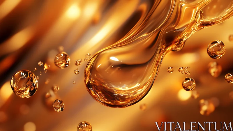 Suspended golden liquid droplets in abstract close-up view.