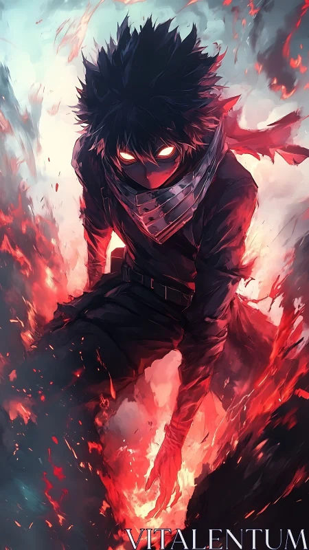 Ember-eyed antihero rising from a storm of feral flames.